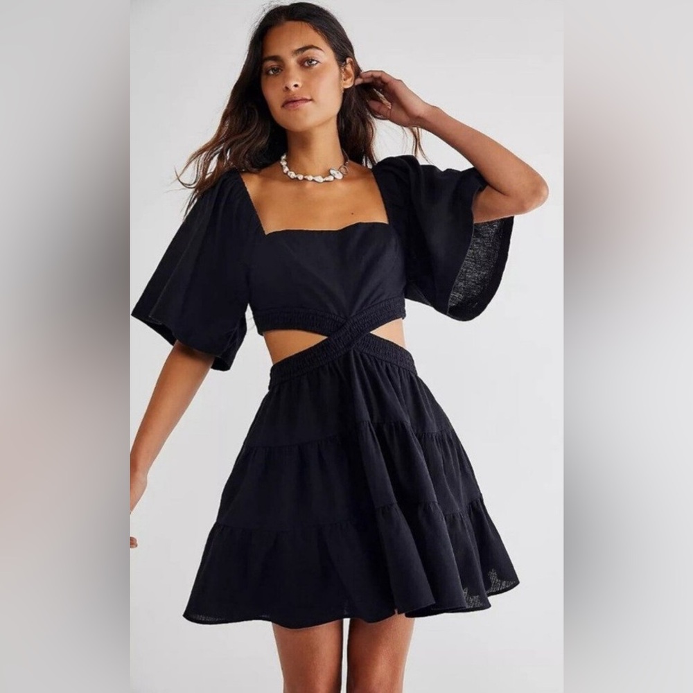 NWT Free People Cross Of Sunlight Mini Dress Cutout Waist  Black linen blnd‎